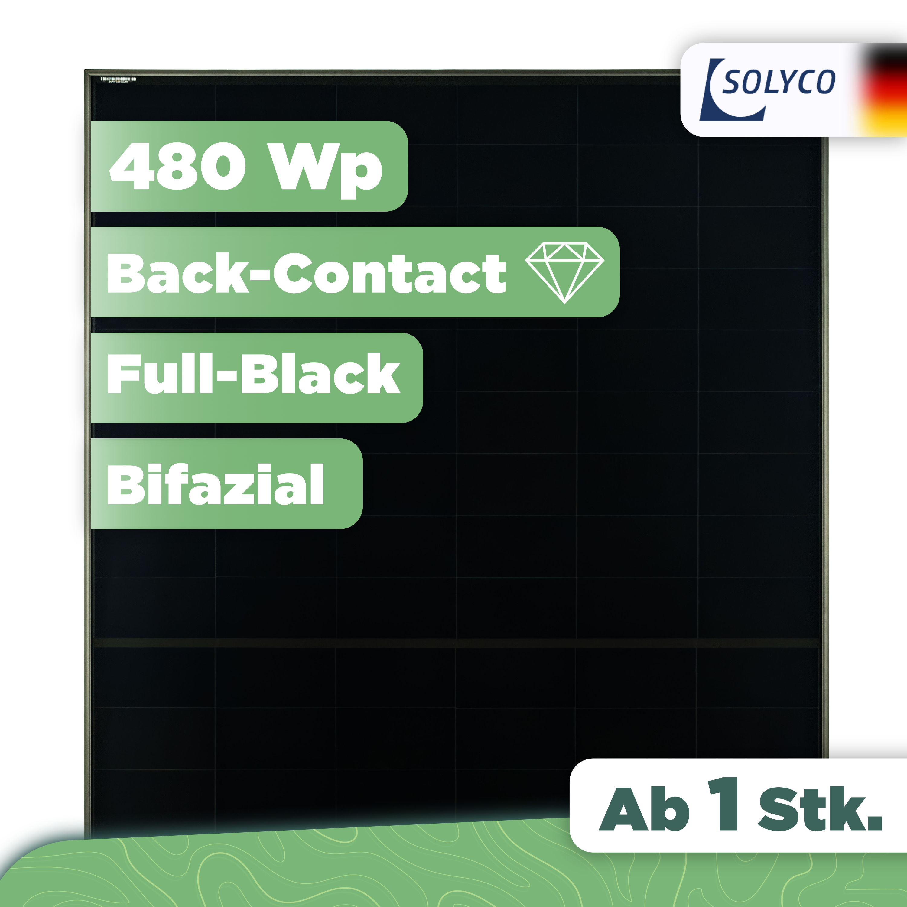 Solyco R-BG 108nBC.6 / 480 Wp — 480 Wp Glas-Glas Fullblack-Modul 1 Stk (Einzelmodul) Solyco R-BG 108nBC.6 / 480 Wp — 480 Wp Glas-Glas Fullblack-Modul 1 Stk (Einzelmodul)
