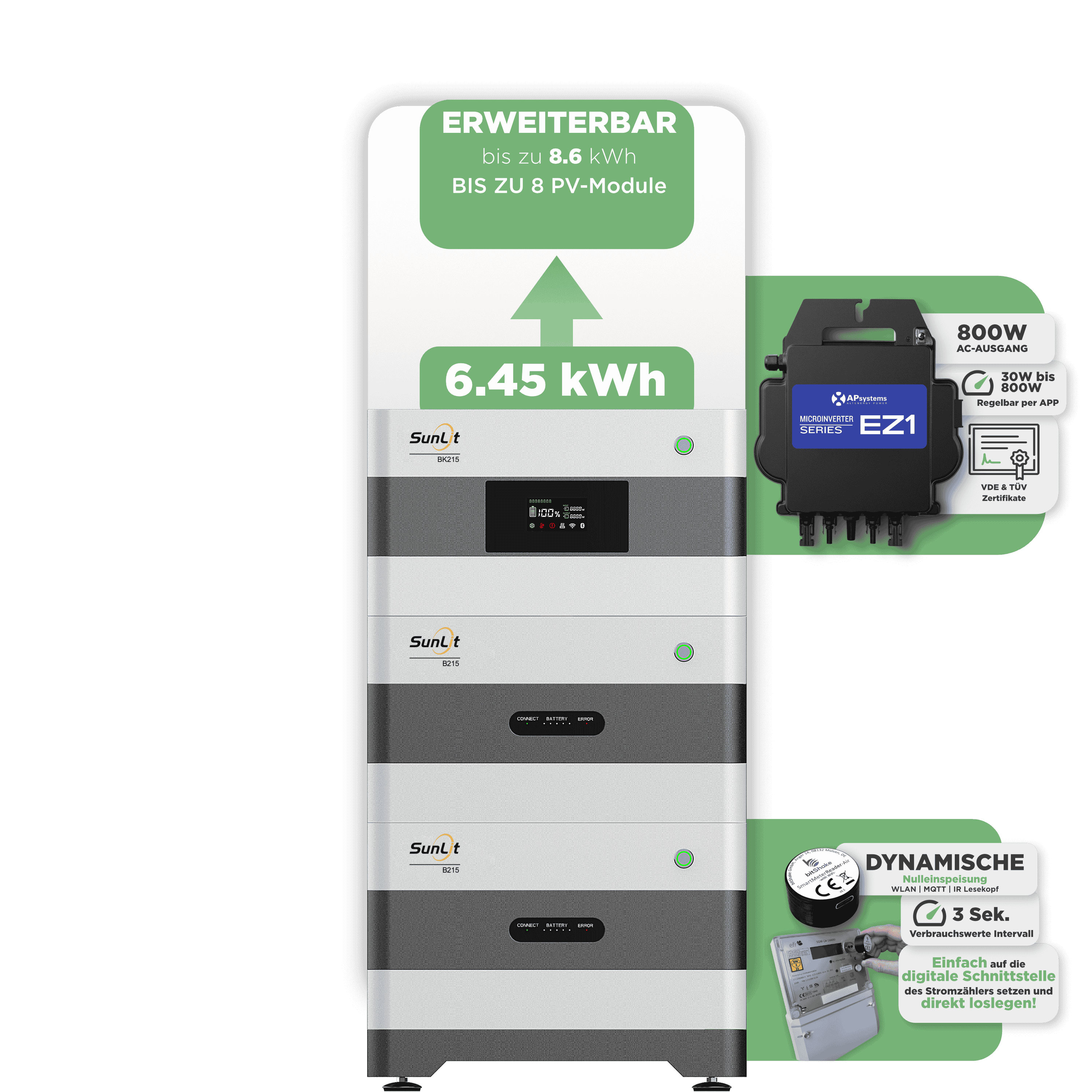Sunlit Balkonkraftwerkspeicher — 6.450 Wh / mit IR Lesekopf (bitshake) / 800 W (Apsystems EZ1-M)