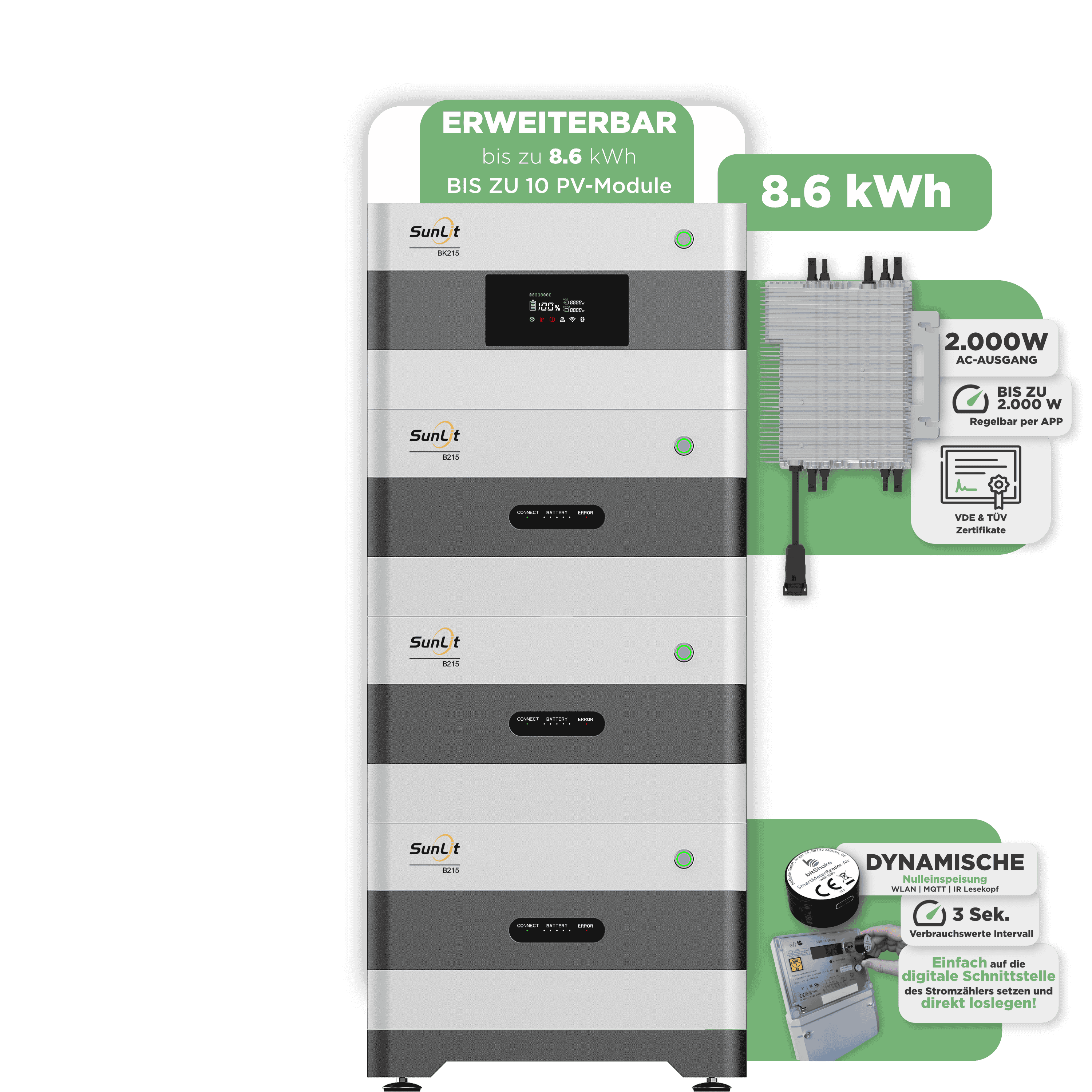 Sunlit Balkonkraftwerkspeicher — 8.600 Wh / mit IR Lesekopf (bitshake) / 2000 W (Deye-SUN-M)