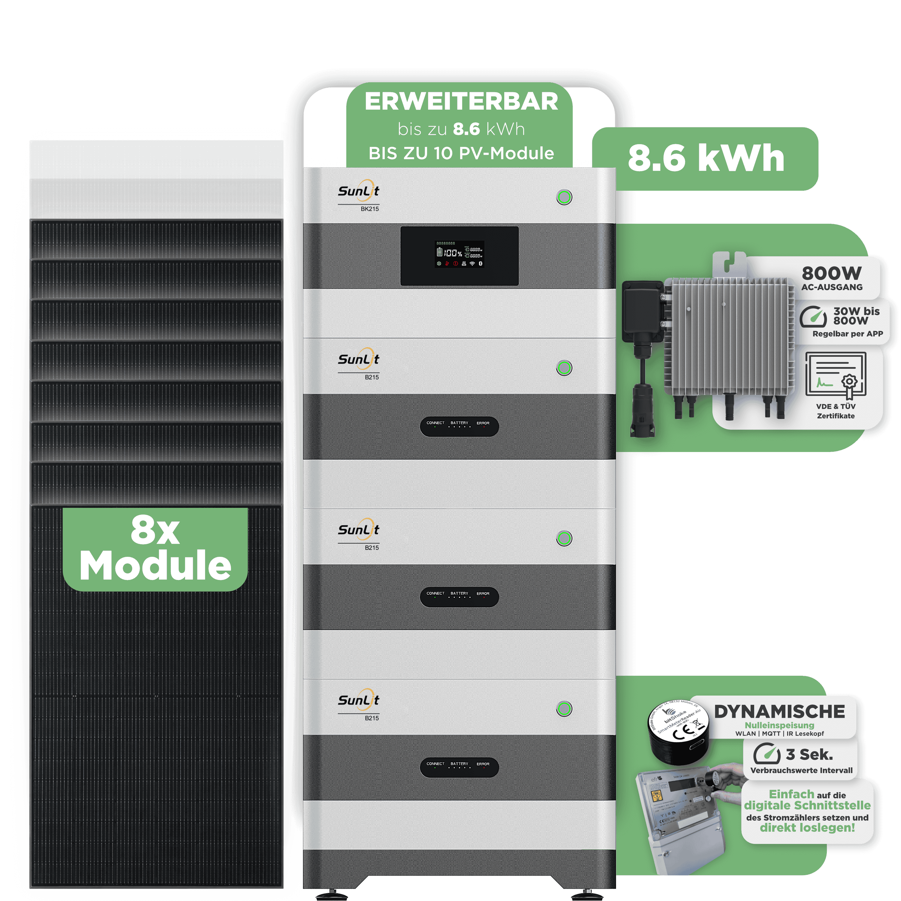 Sunlit Balkonkraftwerkspeicher — 8.600 Wh / mit IR Lesekopf (bitshake) / 800 W (Deye-SUN-M) / 8 x Trina 440 Wp Bifazial