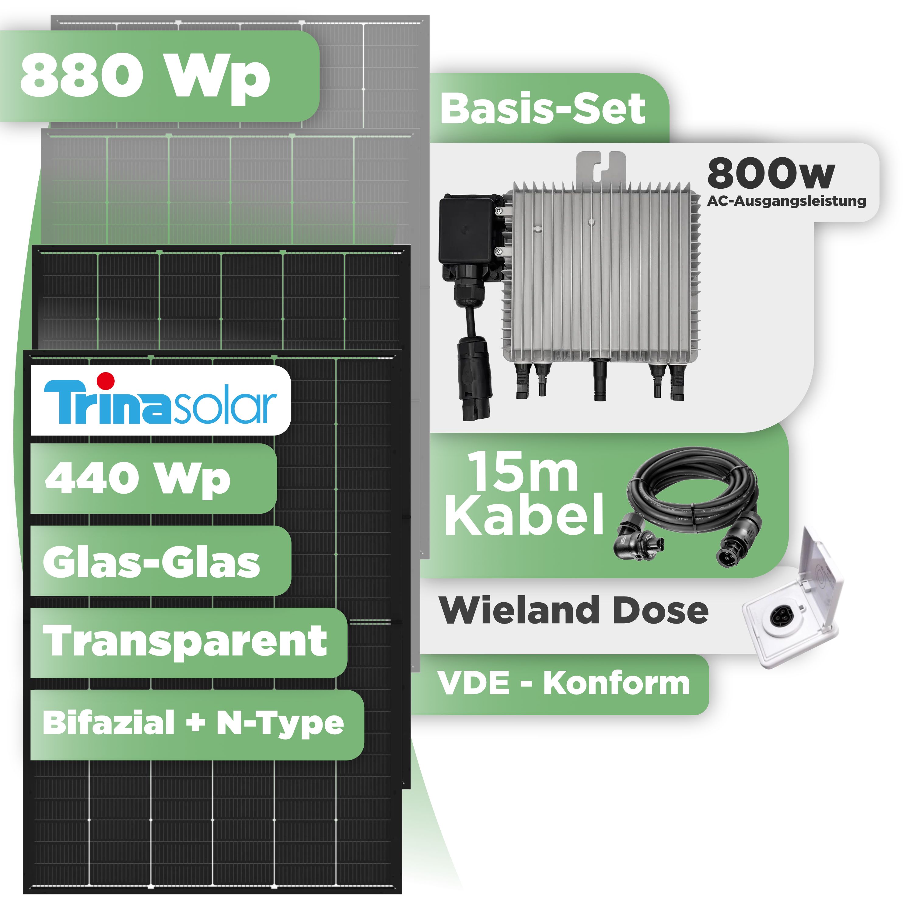 Balkonkraftwerk Basic Set 880 Wp — Trina 440 Wp Glas-Glas Bifazial Modul / 2 Module / Deye 800 W / Wieland Stecker + Dose / 15 m