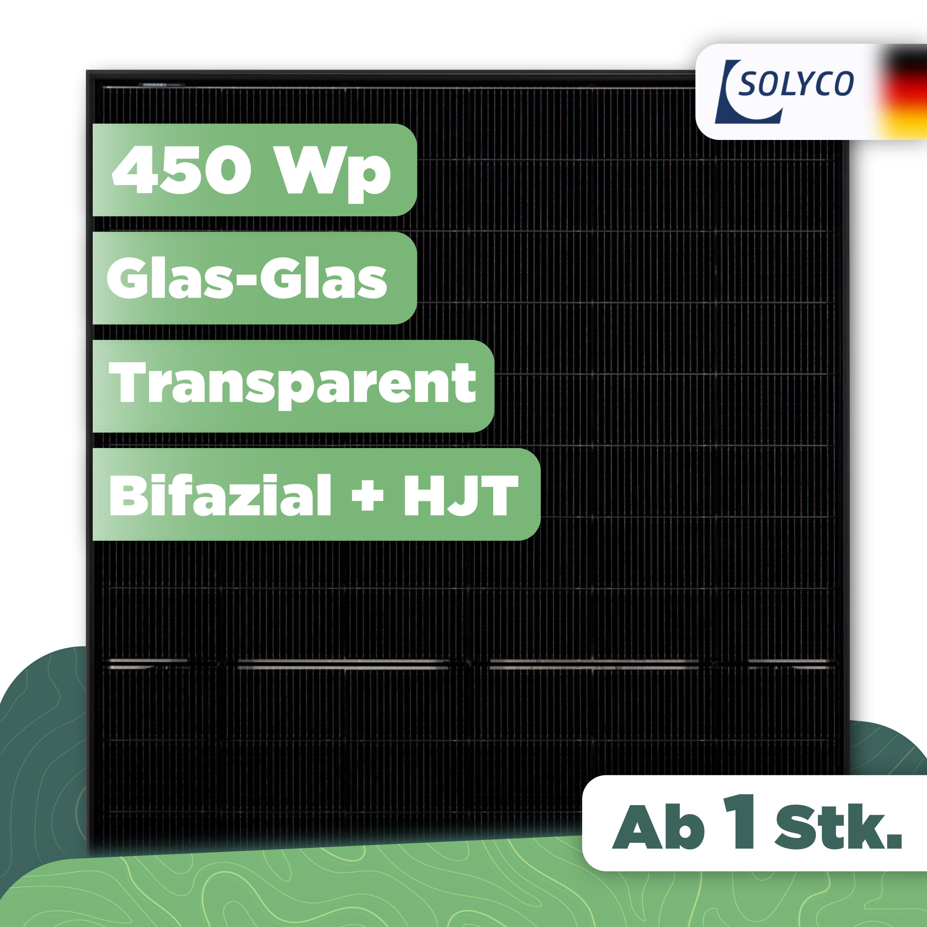 Solyco Pro R-TG 96h.5 / 450 — 450 Wp Glas-Glas PV-Modul bifazial Solyco Pro R-TG 96h.5 / 450 — 450 Wp Glas-Glas PV-Modul bifazial - 1 Stk (Einzelmodul)