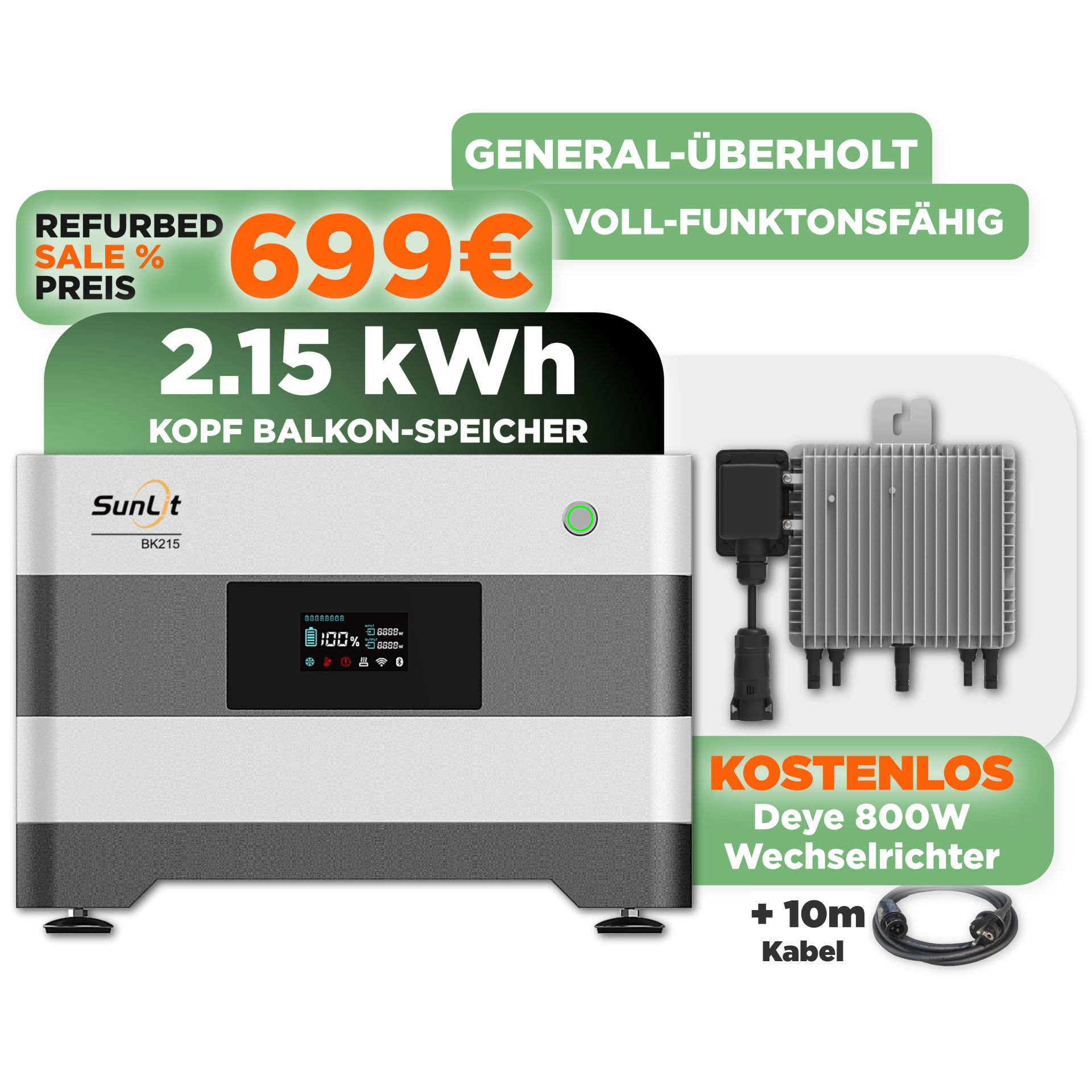 SunLit BK215 2.150 Wh Kopfspeicher für SunLit Balkonkraftwerk-Speicher (Refurbished)  — mit gratis Deye 800 W Wechselrichter und 10 m Schuko Kabel
