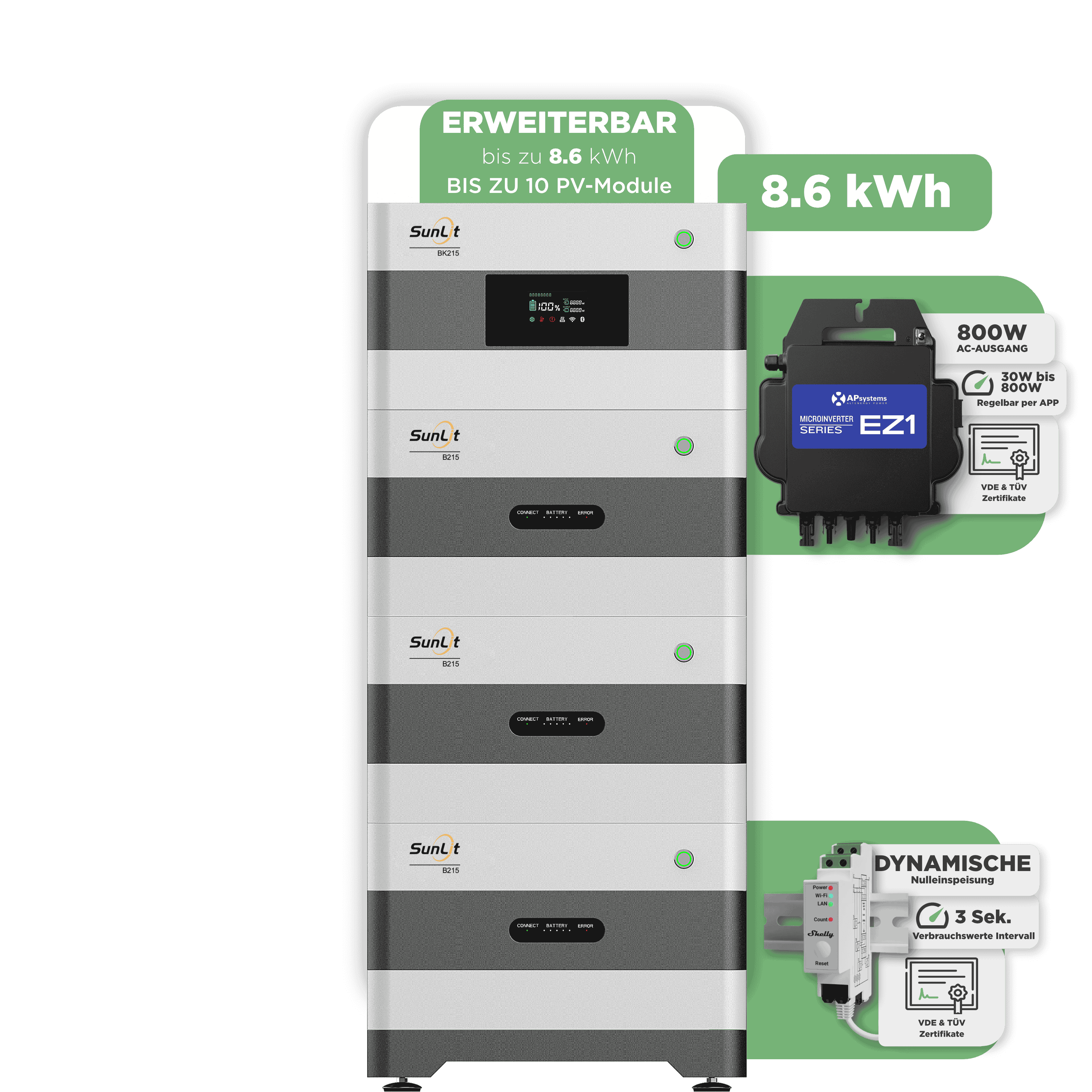 Sunlit Balkonkraftwerkspeicher — 8.600 Wh / mit Shelly 3EM Pro / 800 W (Apsystems EZ1-M)