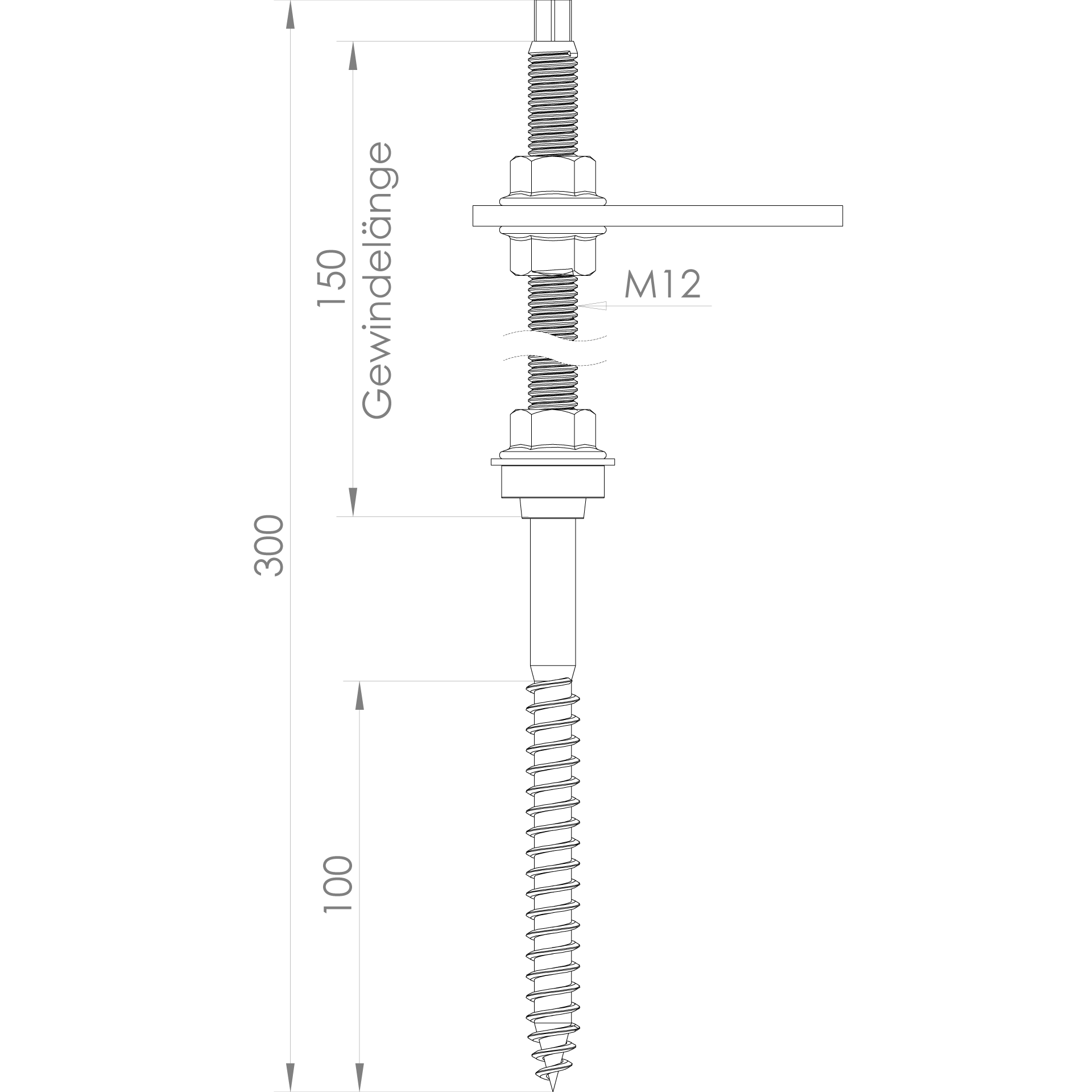 K2 Systems - RF HB M12x300 PA BC — Stockschraube, vormontiert, Sechskant SW 9mm (2000125)