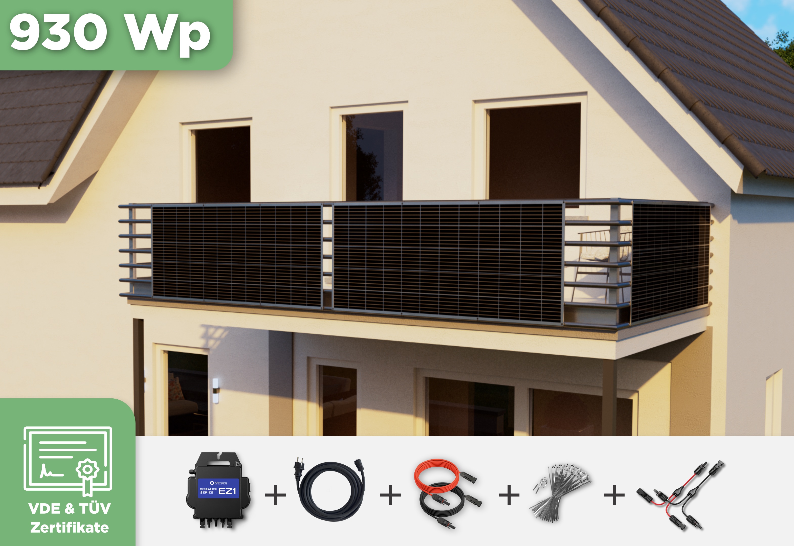 Balkonkraftwerk mit Ultraleicht-Modulen 930 Wp — APsystems EZ1-M 800 W / Sunman / 310 Wp (89 cm x 201 cm) / 3 Module / 10 m