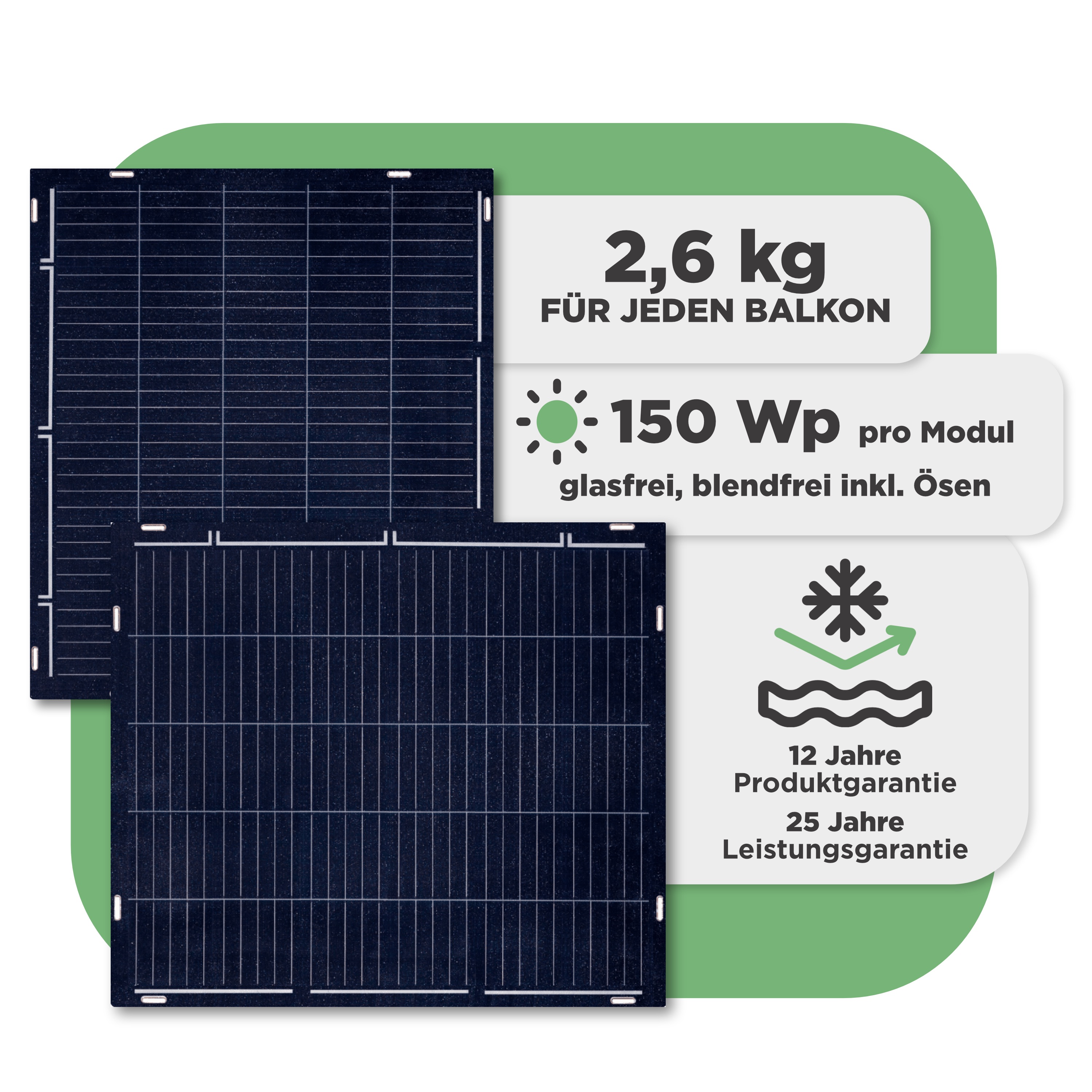 Balkonkraftwerk mit Ultraleicht-Modulen 600 Wp — APsystems EZ1-M 800 W / Sunman / 150 Wp (89 cm x 102 cm) / 4 Module / 5 m