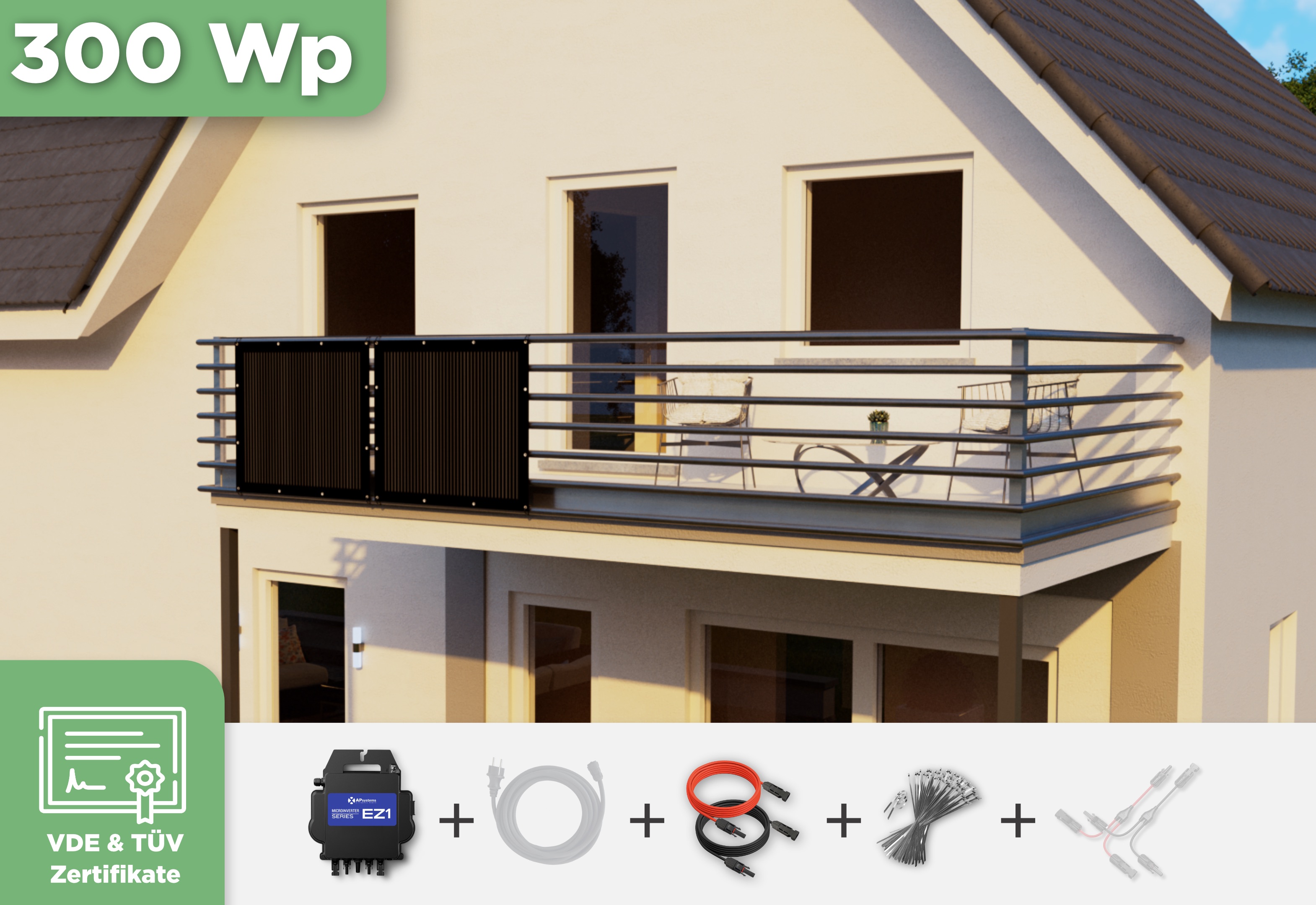Balkonkraftwerk mit Ultraleicht-Modulen 300 Wp — APsystems EZ1-M 800 W / Sunman / 150 Wp (89 cm x 102 cm) / 2 Module / ohne Kabel