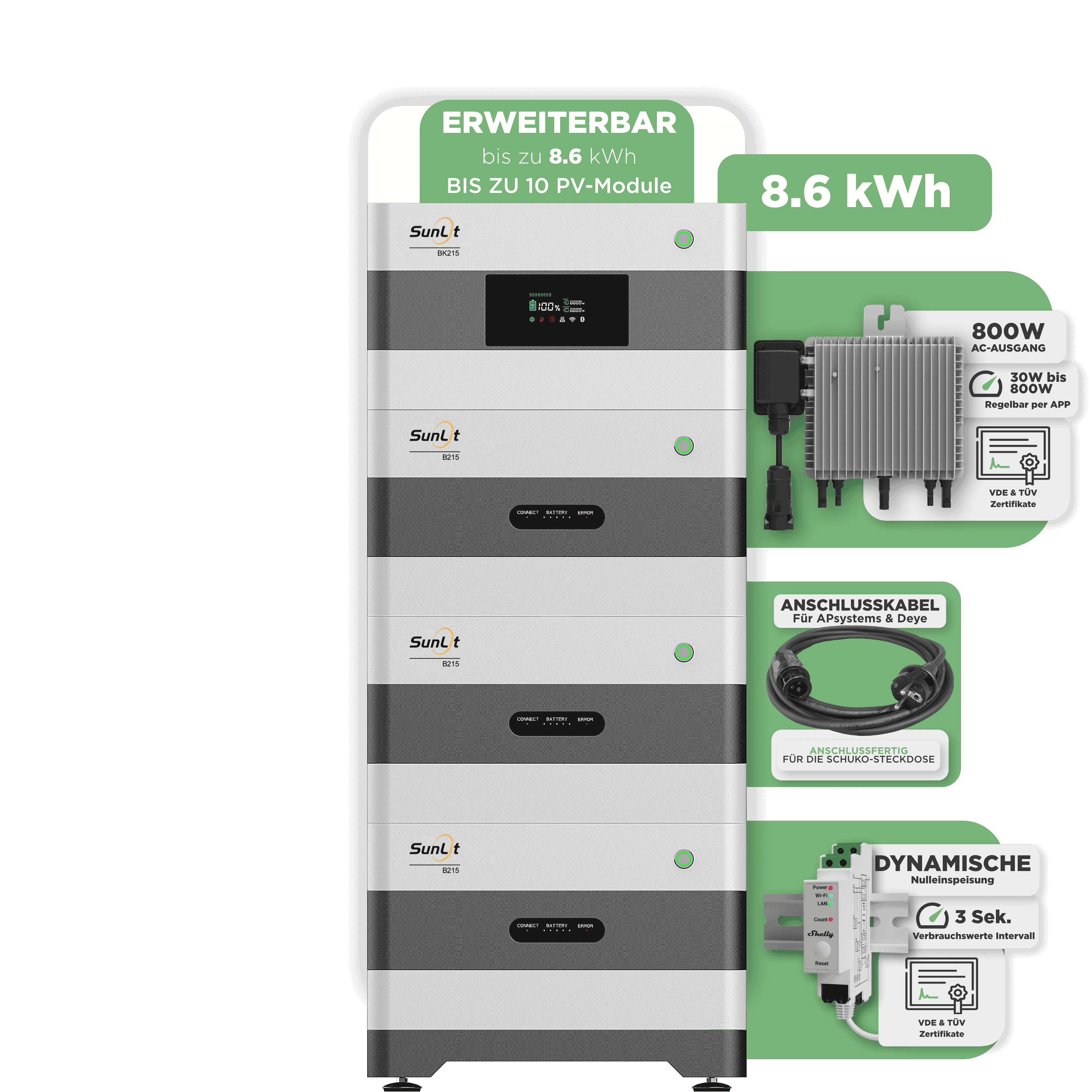 Sunlit Balkonkraftwerkspeicher — 8.600 Wh / mit Shelly 3EM Pro / 800 W (Deye-SUN-M) / 20 m Schuko Kabel