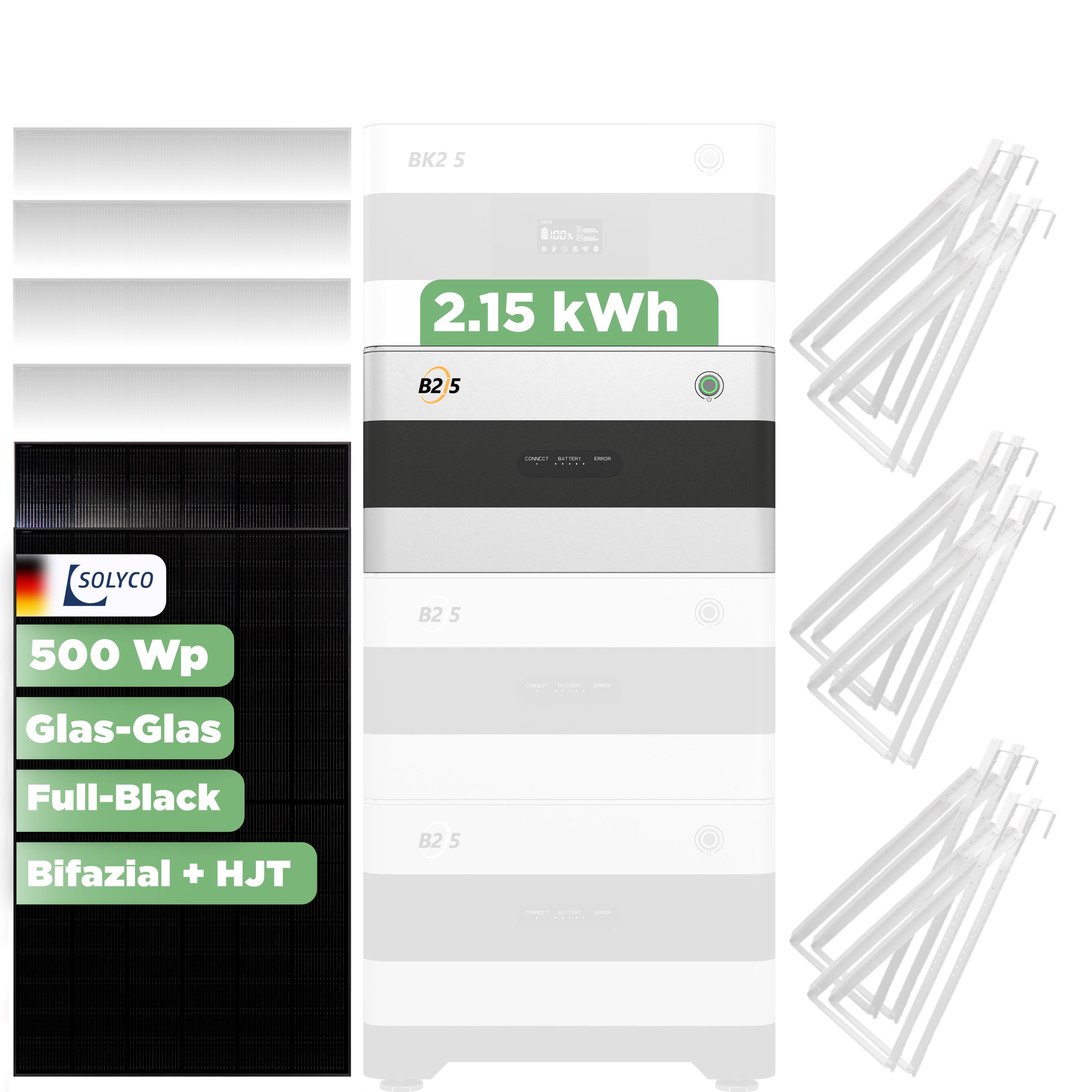 SunEnergyXT Erweiterungsset — 2.150 Wh / Solyco 500 Wp Glas-Glas Fullblack-Modul Bifazial / 2 Module