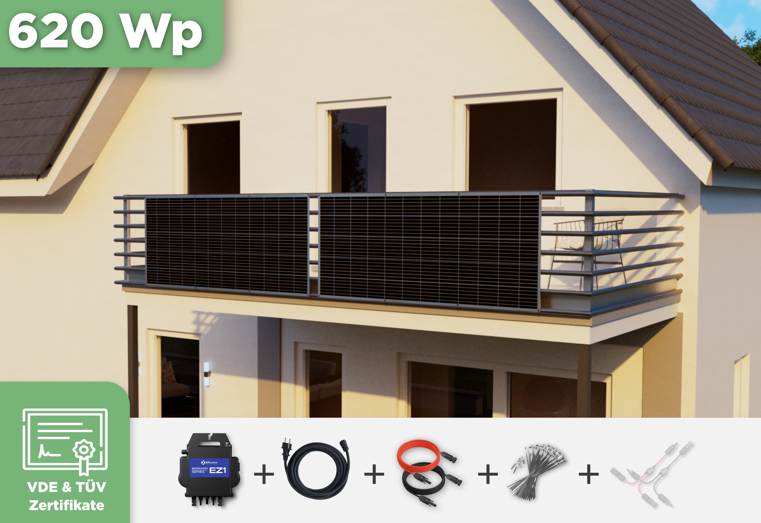 Balkonkraftwerk mit Ultraleicht-Modulen 620 Wp — APsystems EZ1-M 800 W / Sunman / 310 Wp (89 cm x 201 cm) / 2 Module / 10 m