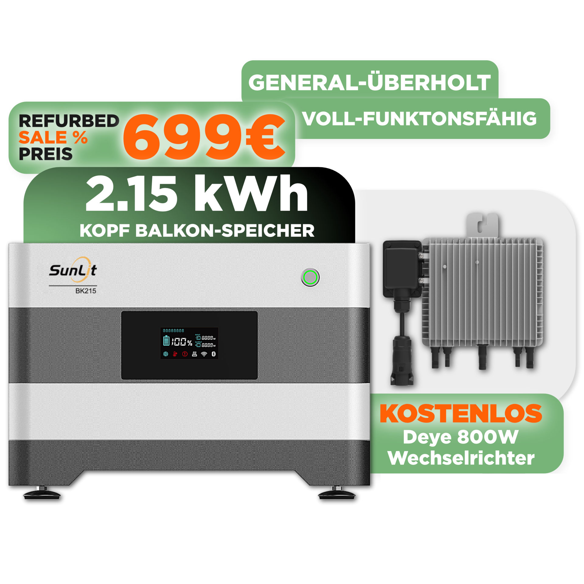 SunLit BK215 2.150 Wh Kopfspeicher für SunLit Balkonkraftwerk-Speicher (Refurbished)  — mit gratis Deye 800 W Wechselrichter