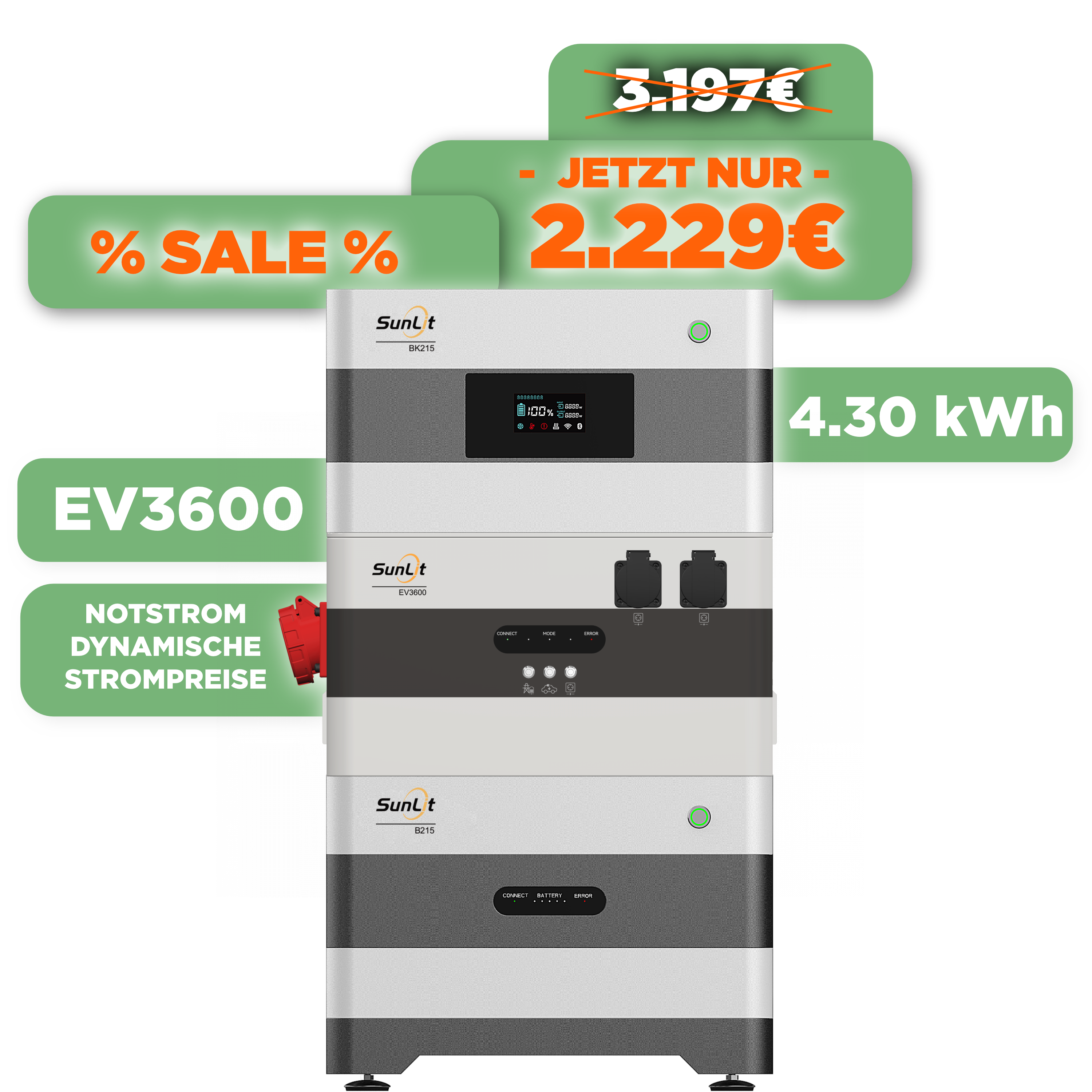 SunLit Solar 2 Way Speicherturm Starter Set — SunLit Speicher 4,3 kWh + EV3600 Wechselrichter für Notstrom, Wallbox und dynamische Stromtarife