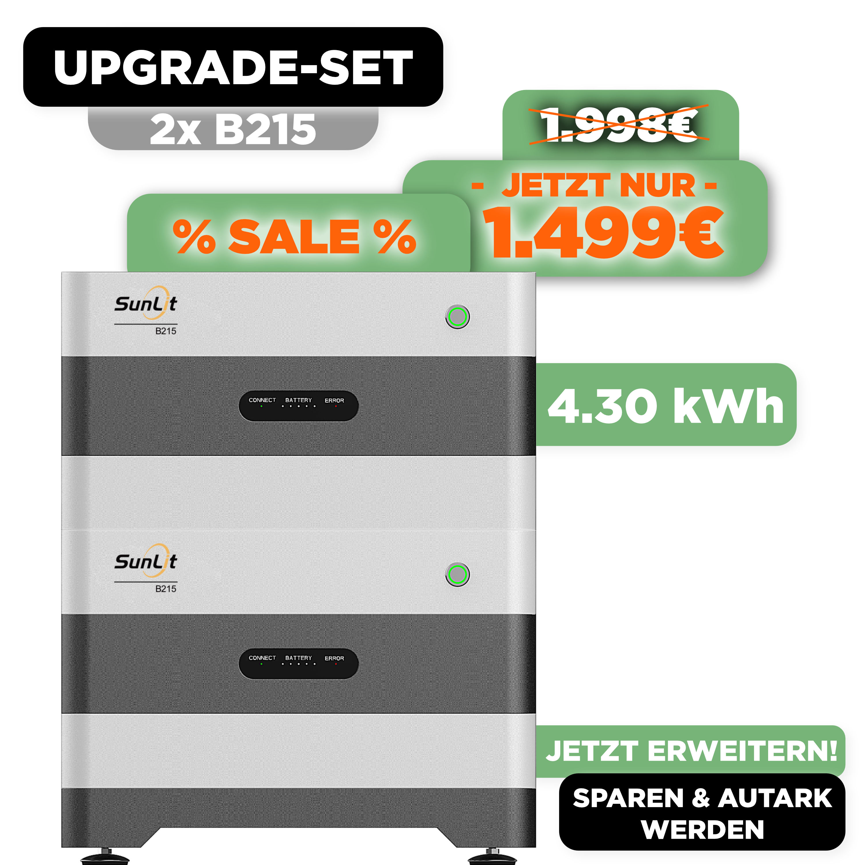 SunLit B215 DUO Sommeraktion — 4.300 Wh Erweiterungsspeicher Upgrade - 2 x B215