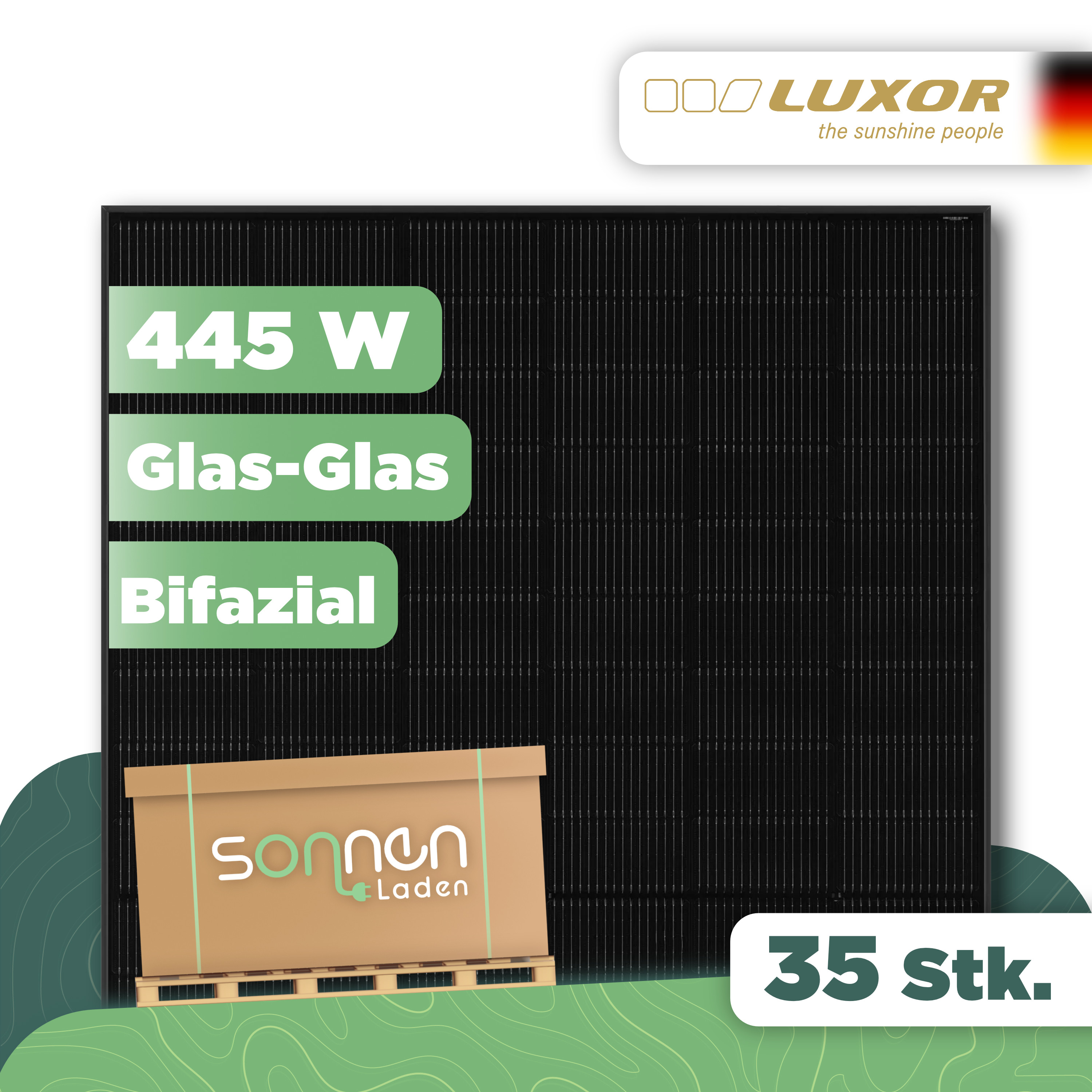 ECO LINE N-TYPE TOPCON GLAS-GLAS BIFACIAL M108/445W — Glas-Glas, bifazial, full black, MC4-EVO 2 - 35 Stk. (1 Palette)
