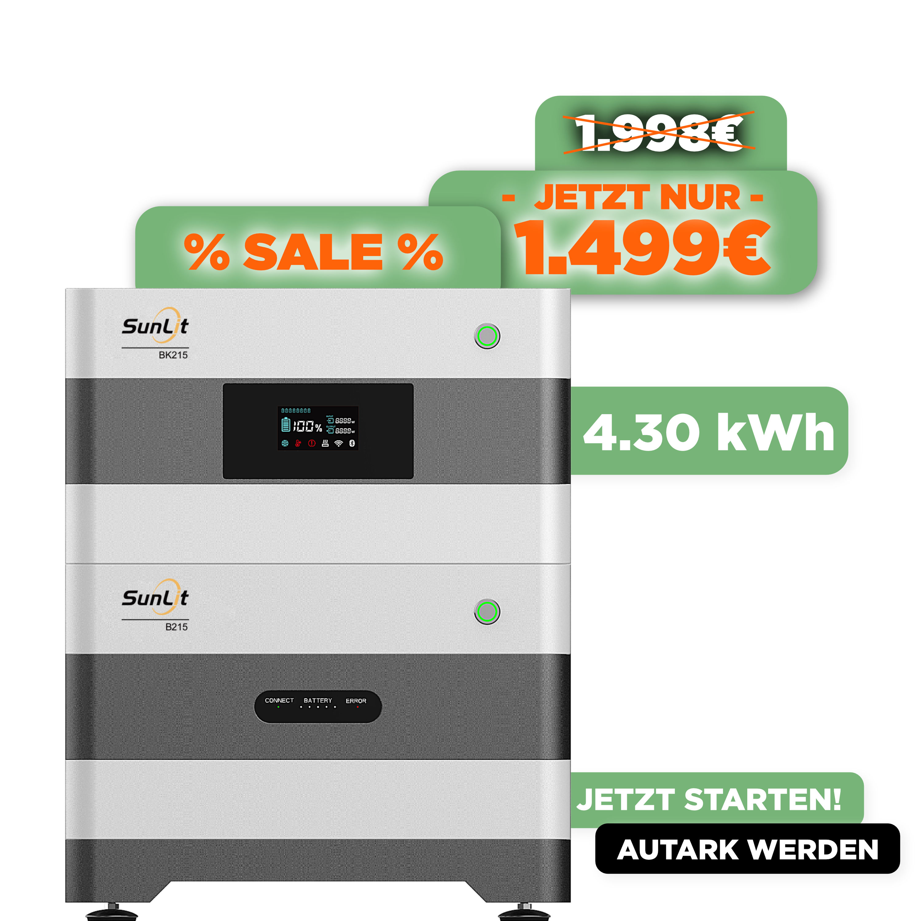 SunLit DUO Sommeraktion SPEZIALPREIS — SunLit Speicher 4.300 Wh (1 x BK215 + 1 x B215)