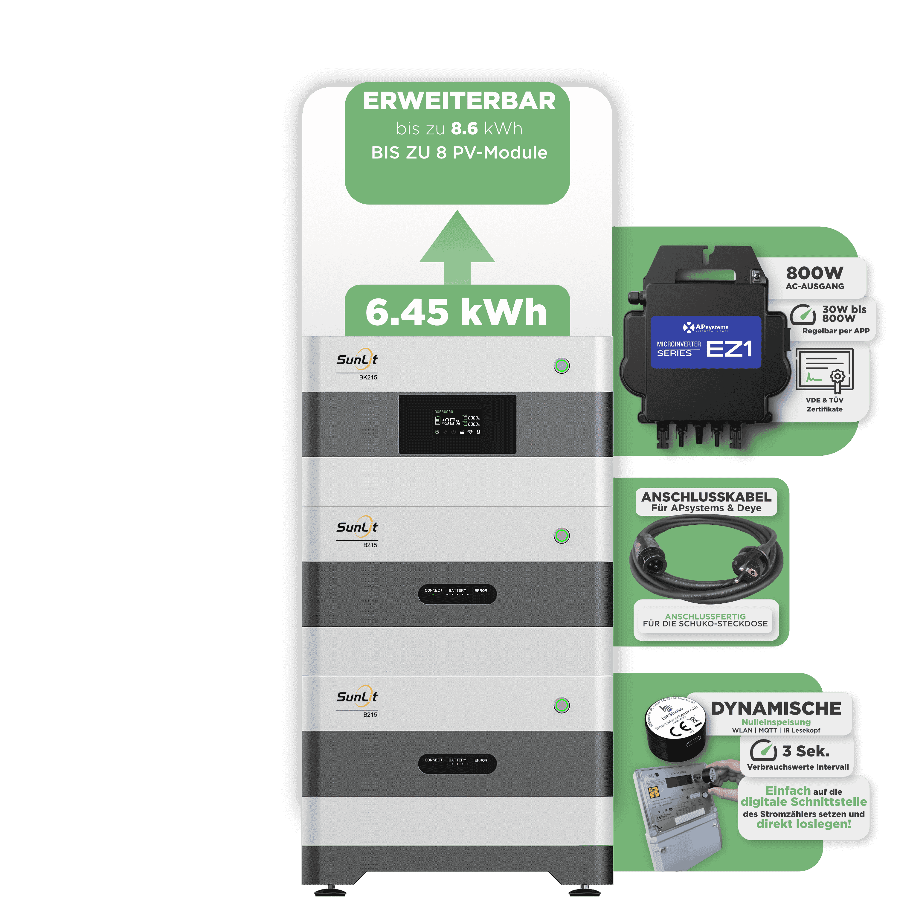 Sunlit Balkonkraftwerkspeicher — 6.450 Wh / mit IR Lesekopf (bitshake) / 800 W (Apsystems EZ1-M) / 20 m Schuko Kabel