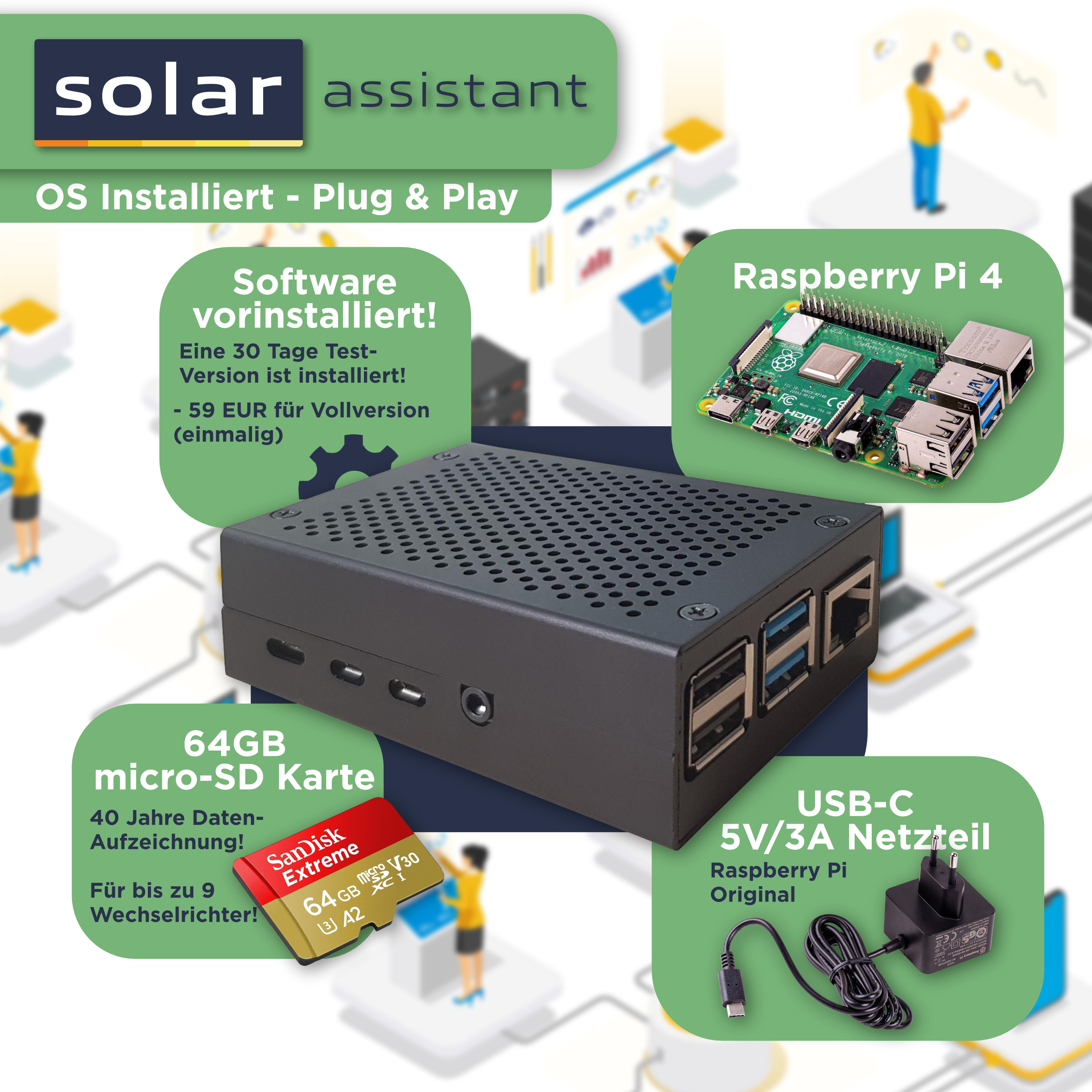 Solar Assistant Plug & Play Set — Monitoring Software für Deye, Growatt, SunSynk und weitere! (inkl. Raspberry Pi4, 64 GB SD Karte, USB zu Seriell Kabel uvm.)