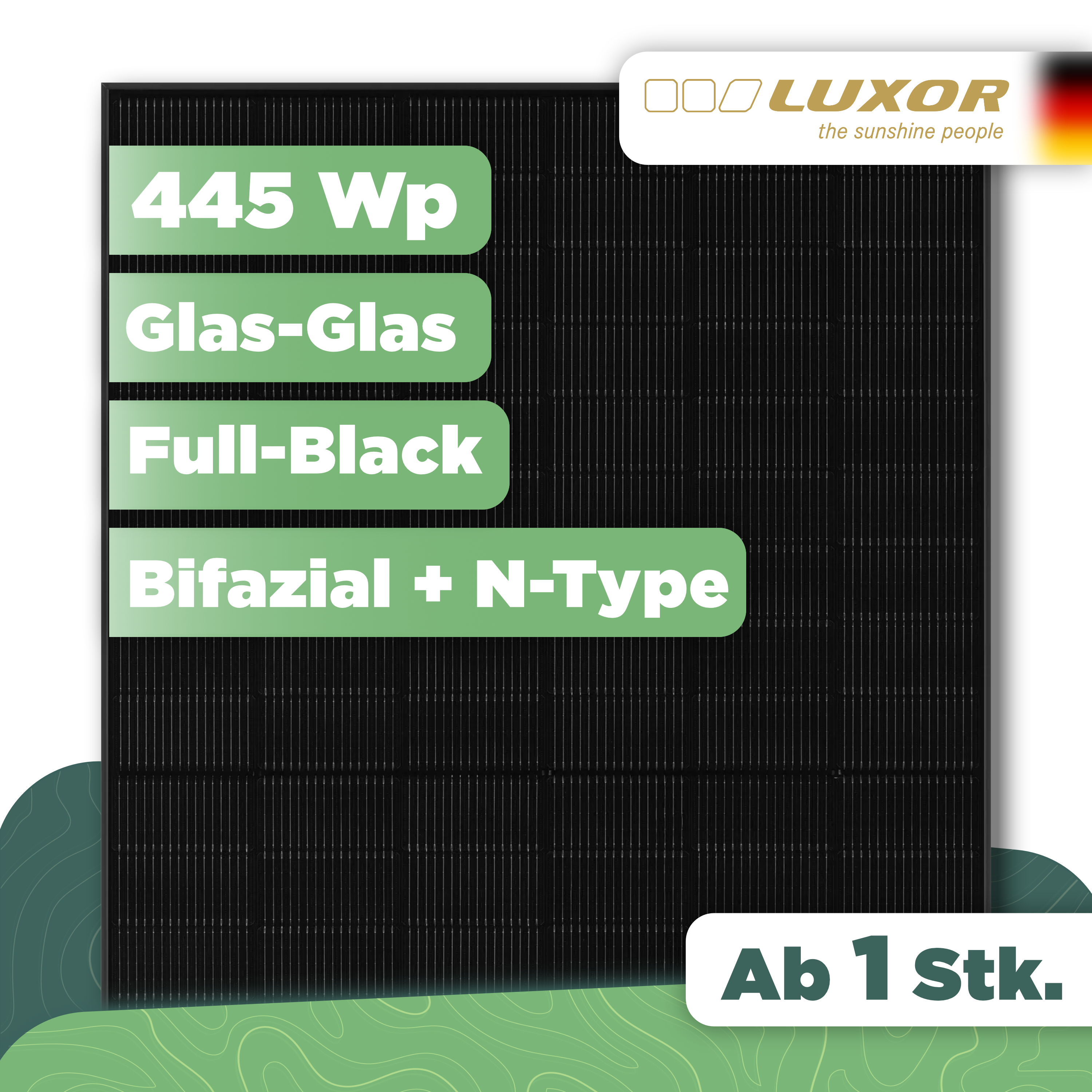 ECO LINE N-TYPE TOPCON GLAS-GLAS BIFACIAL M108/445W — Glas-Glas, bifazial, Full Black, MC4-EVO 2 ECO LINE N-TYPE TOPCON GLAS-GLAS BIFACIAL M108/445W — Glas-Glas, bifazial, Full Black, MC4-EVO2 - 1 Stk (Einzelmodul)