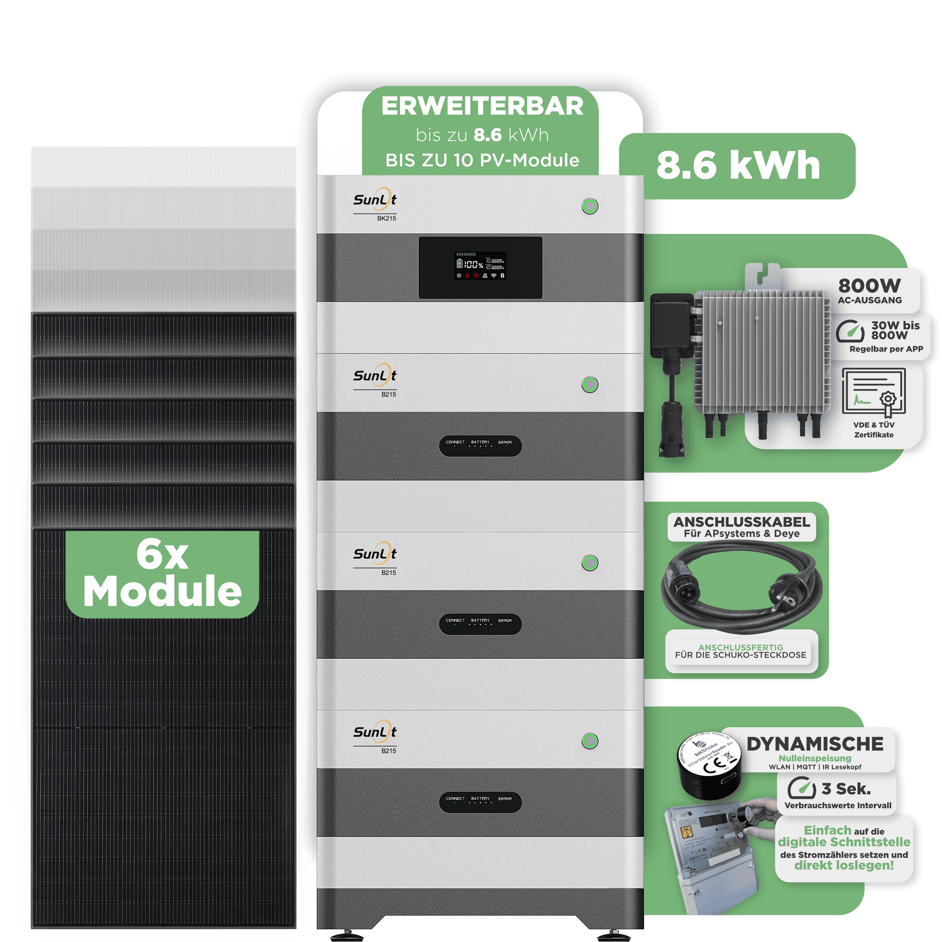 Sunlit Balkonkraftwerkspeicher — 8.600 Wh / mit IR Lesekopf (bitshake) / 800 W (Deye-SUN-M) / 20 m Schuko Kabel / 6 x Trina 440 Wp Bifazial