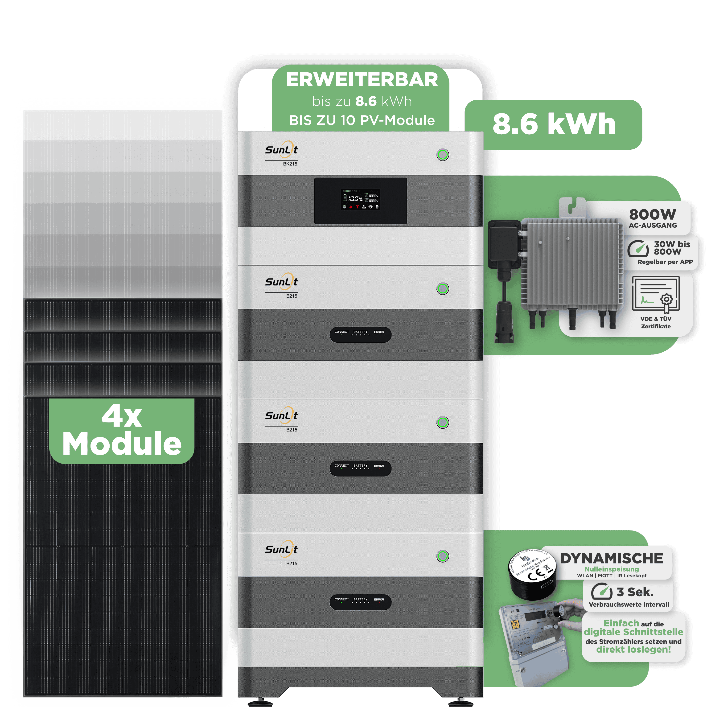Sunlit Balkonkraftwerkspeicher — 8.600 Wh / mit IR Lesekopf (bitshake) / 800 W (Deye-SUN-M) / 4 x Trina 440 Wp Bifazial