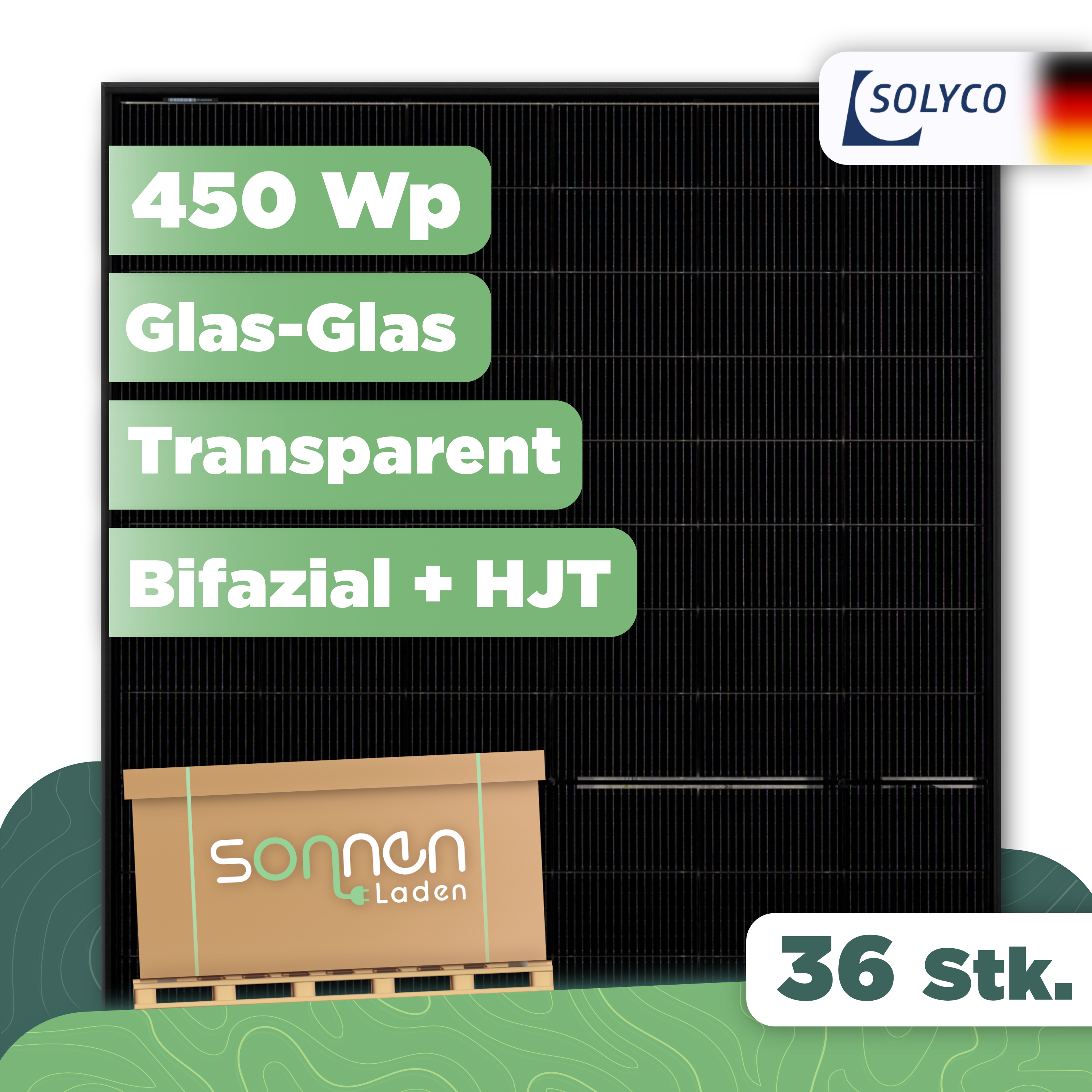Solyco Pro R-TG 96h.5 / 450 — 450 Wp Glas-Glas PV-Modul bifazial - 36 Stk (Palette) Solyco Pro R-TG 96h.5 / 450 — 450 Wp Glas-Glas PV-Modul bifazial - 36 Stk (Palette)