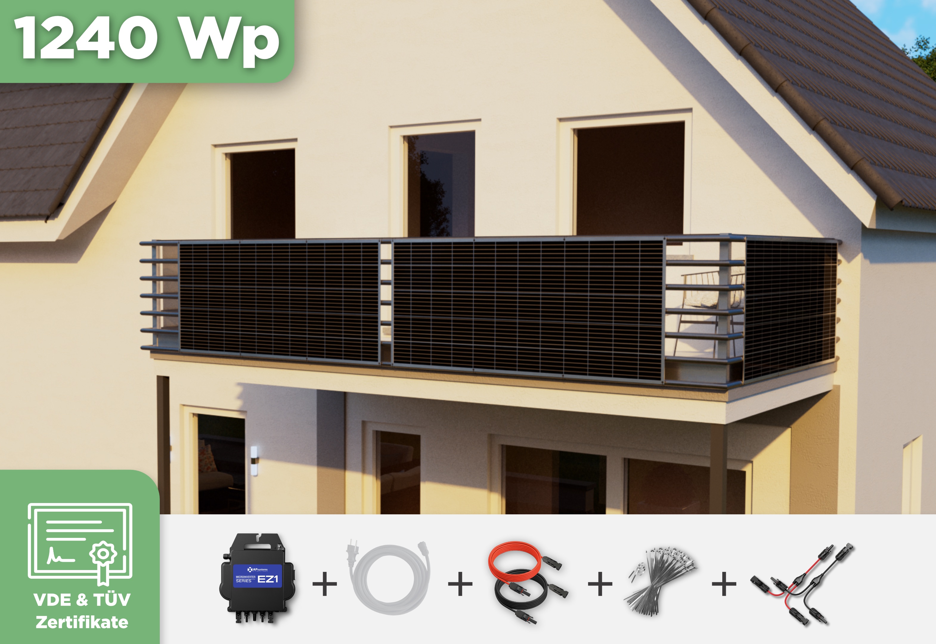 Balkonkraftwerk mit Ultraleicht-Modulen 1240 Wp — APsystems EZ1-M 800 W / Sunman / 310 Wp (89 cm x 201 cm) / 4 Module / ohne Kabel