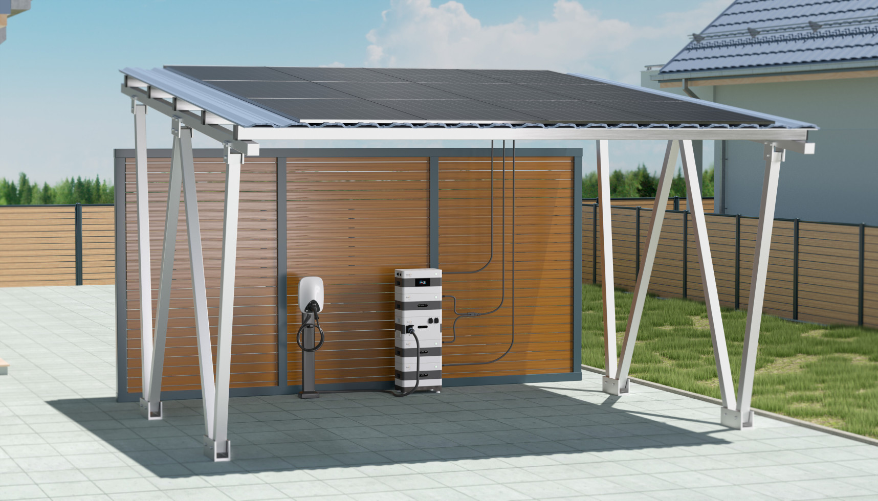 SunLit Aurora — 11 kW Wallbox für Solar Carport SunLit Twin Solar Carport — 5,16 kWp / 8,6 kWh Speicher / 11 kW Wallbox